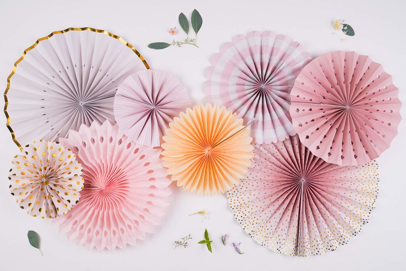 PapaKit Origami Wall Decoration Set (8 Assorted Round Paper Fans) Birthday Party Baby Shower Wedding Events Decor | Creative Art Design Pattern (Sparkling Pink Rose Blush  8 Piece Set) - Image 2